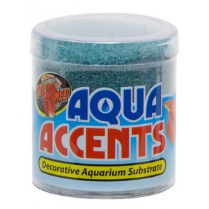 Jar of Aqua Accents decorative aquarium substrate, blue-green gravel inside.