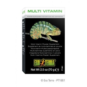 Multi Vitamin powder supplement box featuring a chameleon, Exo Terra branding, net weight 2.5 oz (70 g)