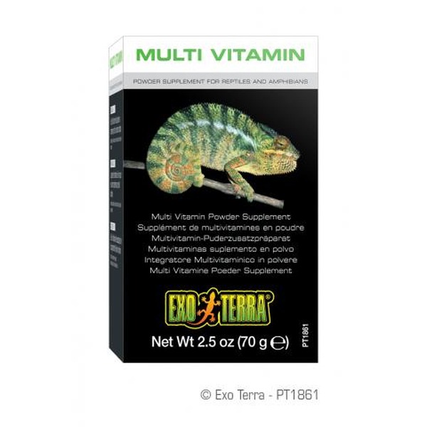 Multi Vitamin powder supplement box featuring a chameleon, Exo Terra branding, net weight 2.5 oz (70 g)