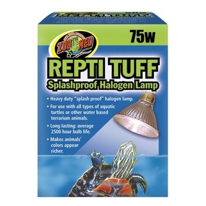 Zoo Med ReptiTuff 75W splashproof halogen lamp packaging featuring a turtle and blue water background.