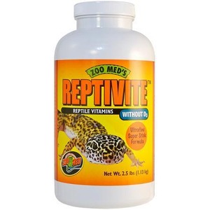 White bottle of Zoo Med Reptivite reptile vitamins with a leopard gecko on an orange label.