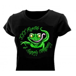 Black T-shirt with neon green cartoon lizard and curved text reading 'L&K Reptile Supply Company'.