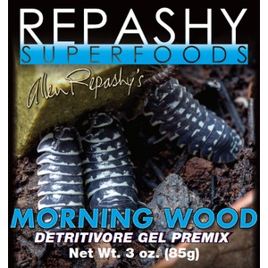 Repashy Superfoods cover with two striped isopods on soil; “Morning Wood” detritivore gel premix, net wt 3 oz (85g).