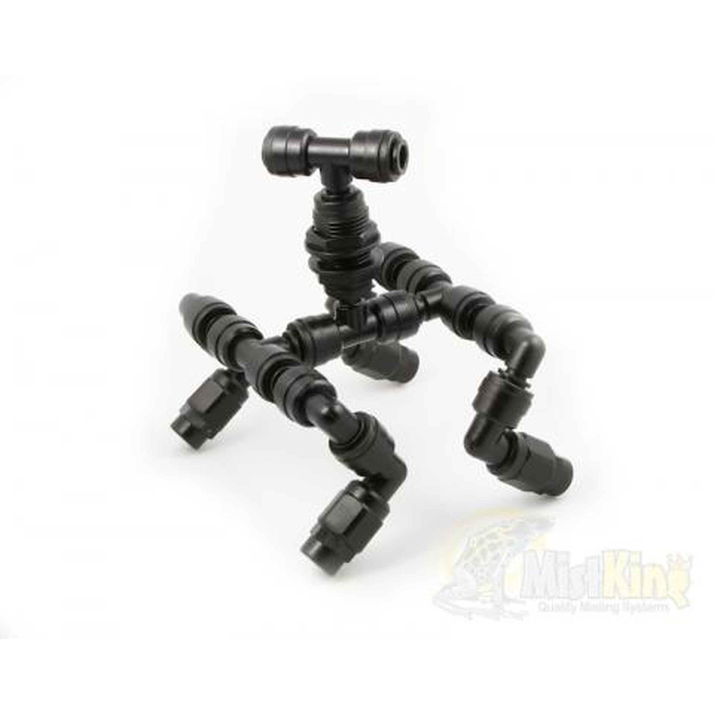 Black modular articulated tripod of interlocking joints on a white background.