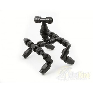 Black modular articulated tripod of interlocking joints on a white background.