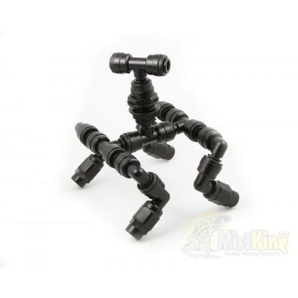 Black modular articulated tripod of interlocking joints on a white background.