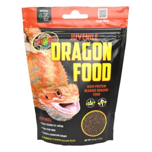 Juvenile bearded dragon food bag with bold yellow "DRAGON FOOD" text, featuring a bearded dragon and round pellet image.