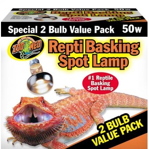 Product box for Repti Basking Spot Lamp with a red bearded dragon and a lamp, 2-bulb value pack.