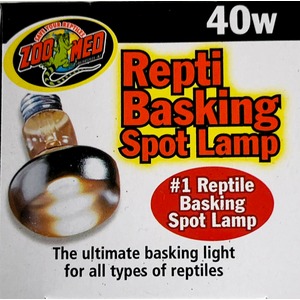 Zoo Med Repti Basking Spot Lamp 40W packaging with bold yellow title and lamp bulb image.