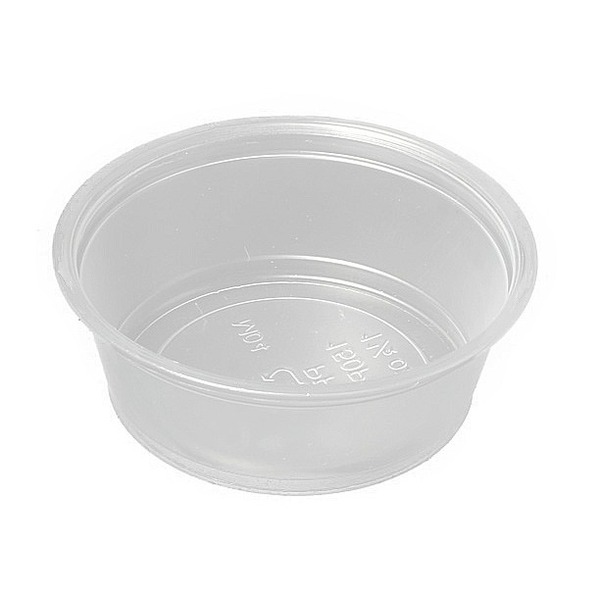 Clear plastic round container with a shallow depth and raised rim, viewed from above.
