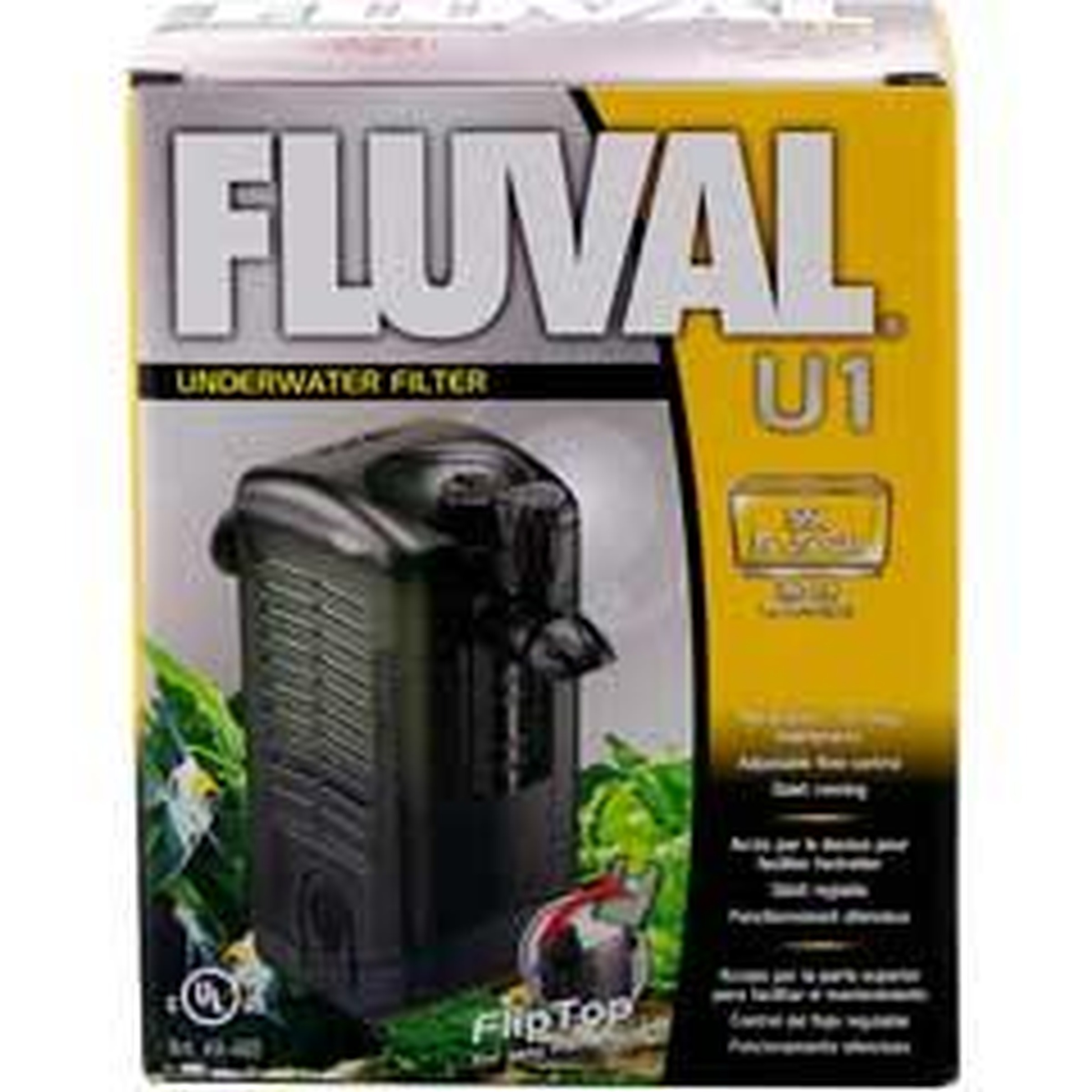 Fluval U1 underwater filter product box showing a black filter unit on a yellow-gray package.