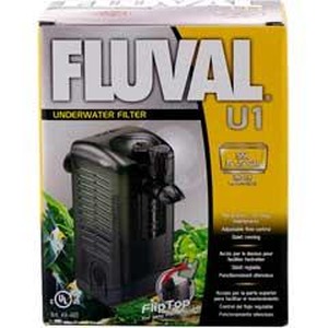 Fluval U1 underwater filter product box showing a black filter unit on a yellow-gray package.