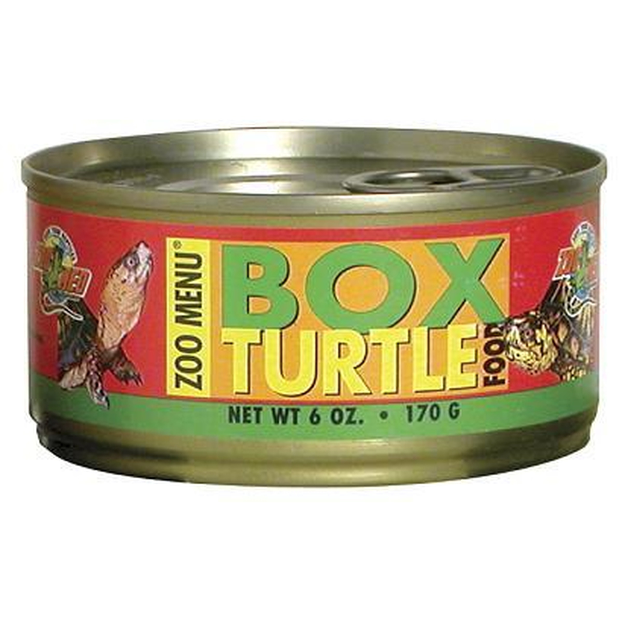 Canned turtle food with a red-yellow label reading BOX TURTLE FOOD and net weight 6 oz.