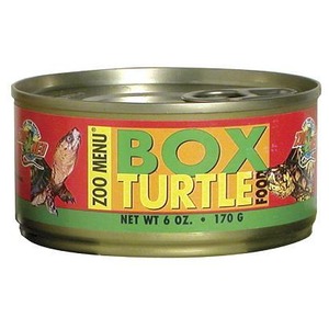 Canned turtle food with a red-yellow label reading BOX TURTLE FOOD and net weight 6 oz.