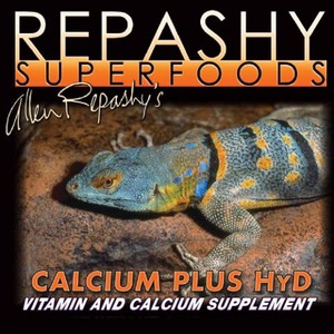 Blue lizard on rocky surface with orange text reading CALCIUM PLUS HYD and Repashy Superfoods on the cover.
