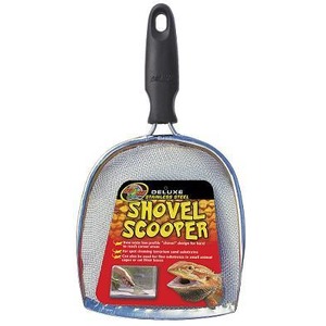 Blue collapsible metal shovel scooper with black handle and label reading Deluxe Shovel Scooper.