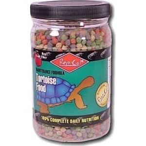 Jar labeled Tortoise Food with colorful pellets and a turtle graphic on a teal label.