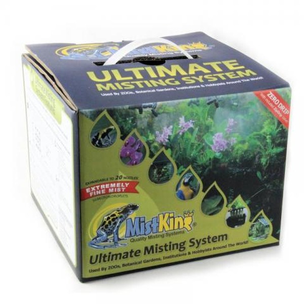 Box for MistKing Ultimate Misting System featuring green plant imagery and bold yellow branding.