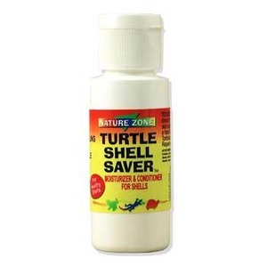 Small white bottle labeled “Turtle Shell Saver” by Nature Zone, a moisturizer for turtle shells.