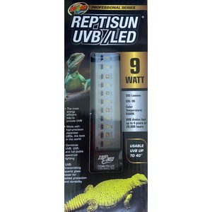 Reptisun UVB/LED 9W lamp box with a green lizard image and “Professional Series” label.