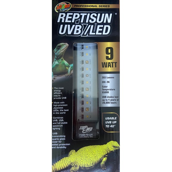 Reptisun UVB/LED 9W lamp box with a green lizard image and “Professional Series” label.