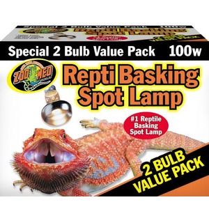 Zoo Med Repti basking spot lamp packaging with a red lizard and bold yellow text advertising a 2-bulb value pack.