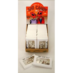 Card display labeled Ant Candy with two red alien cartoon characters on top and stacks of illustrated cards below.