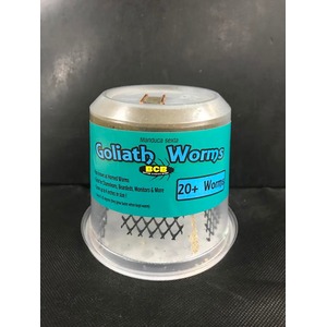 Clear plastic container with teal label reading "Goliath Worms" and "20+ Worms".