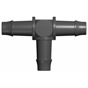 Black plastic T-shaped hose connector with three barbed openings.