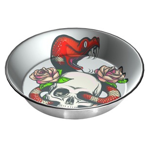 Shiny metal bowl featuring tattoo-style art: a red snake around a skull with roses.