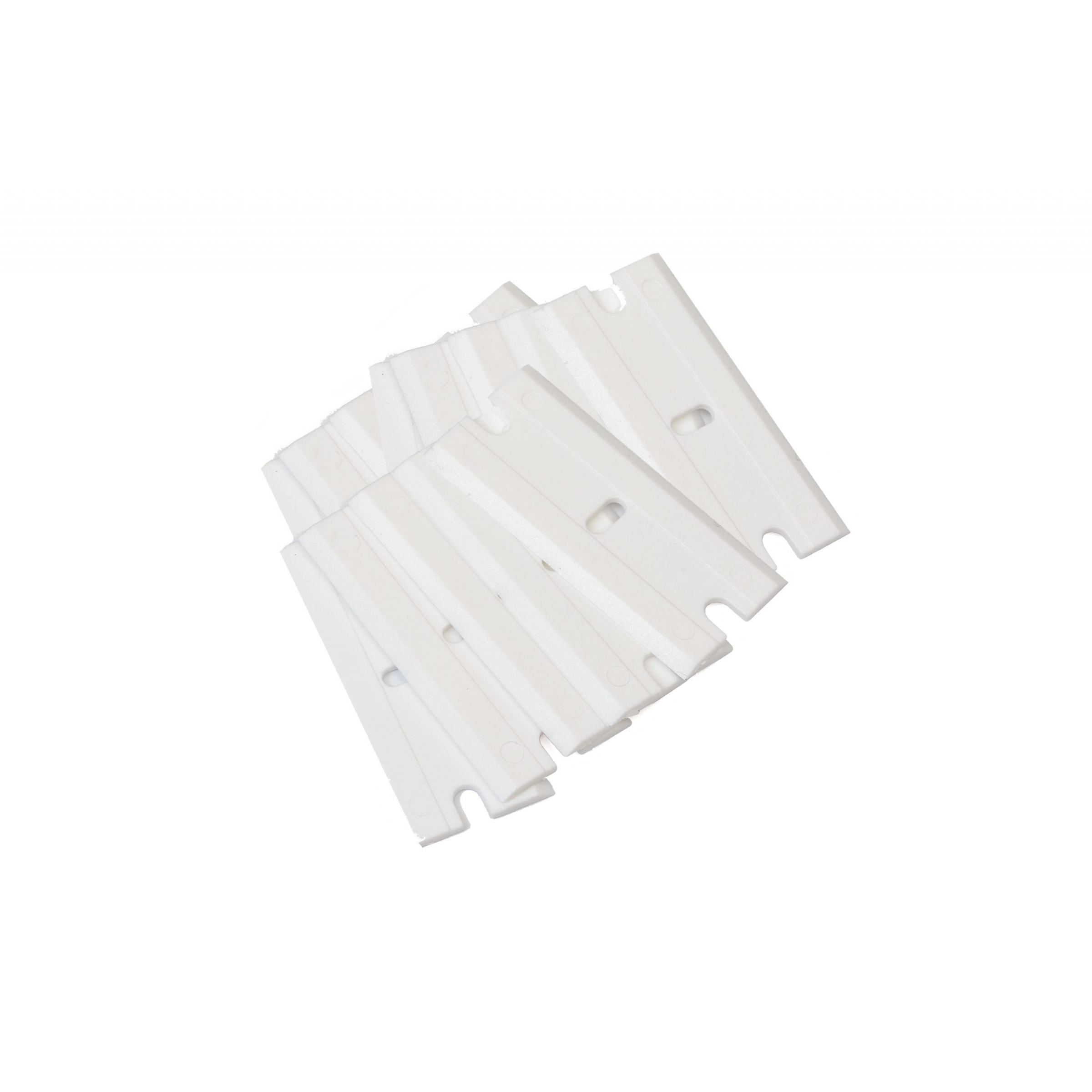 White plastic slotted mounting strips with hook ends arranged in a fan-like stack.