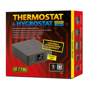 Thermostat & hygrostats box with a black control unit, digital display, bold yellow/blue title, and a yellow controls label.