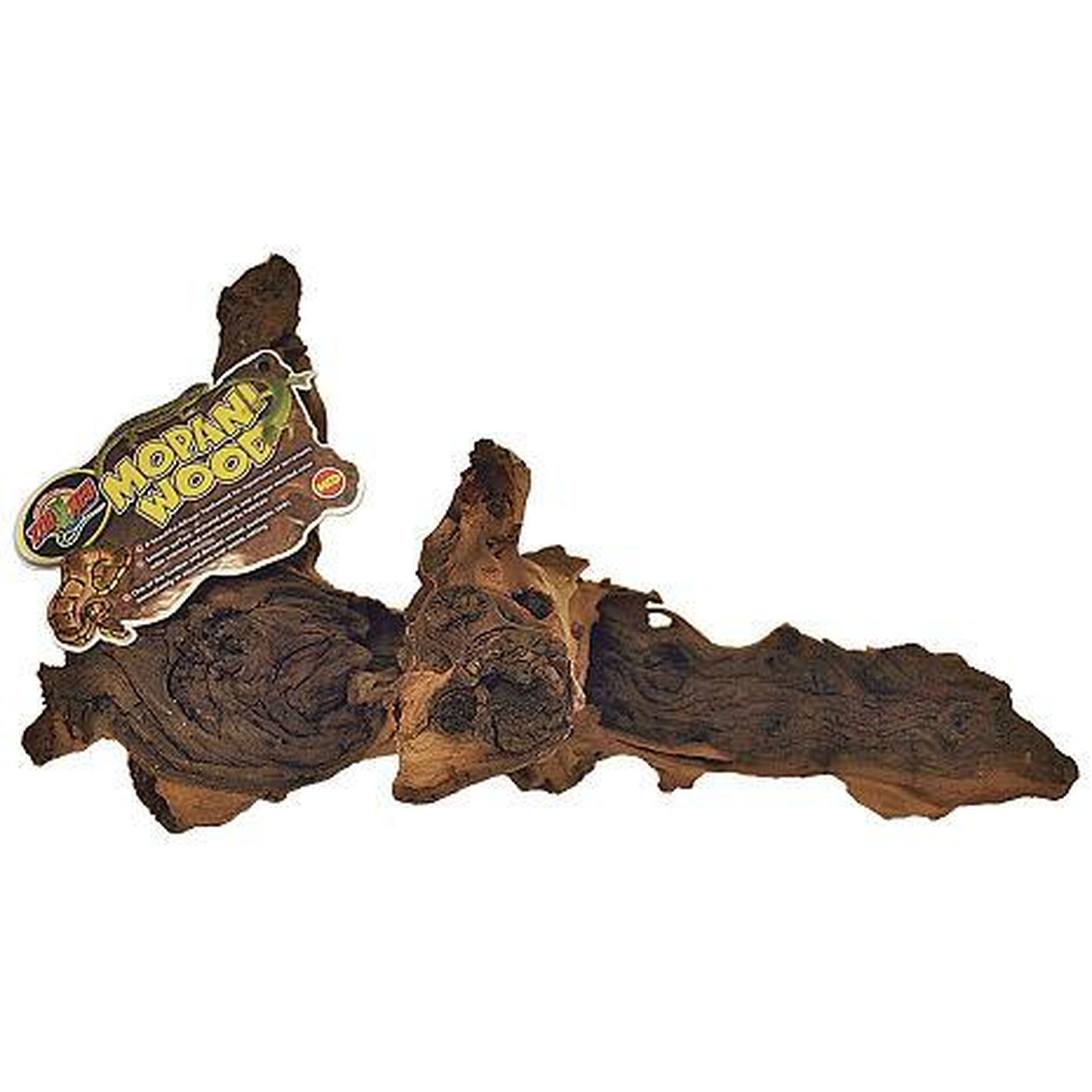 Irregular chunk of Mopani wood with a colorful label attached.