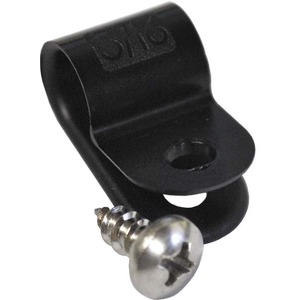 Black plastic clamp with a screw and circular hole, a mounting clip.