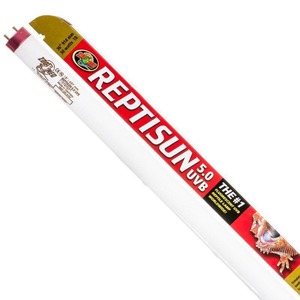 Long white reptile UVB fluorescent tube labeled REPTISUN 5.0 UVB with red stripe.
