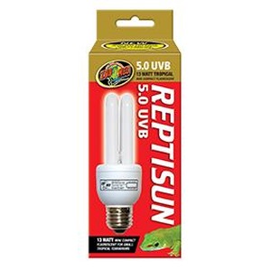 Reptisun 5.0 UVB compact reptile light in red packaging with two fluorescent tubes.