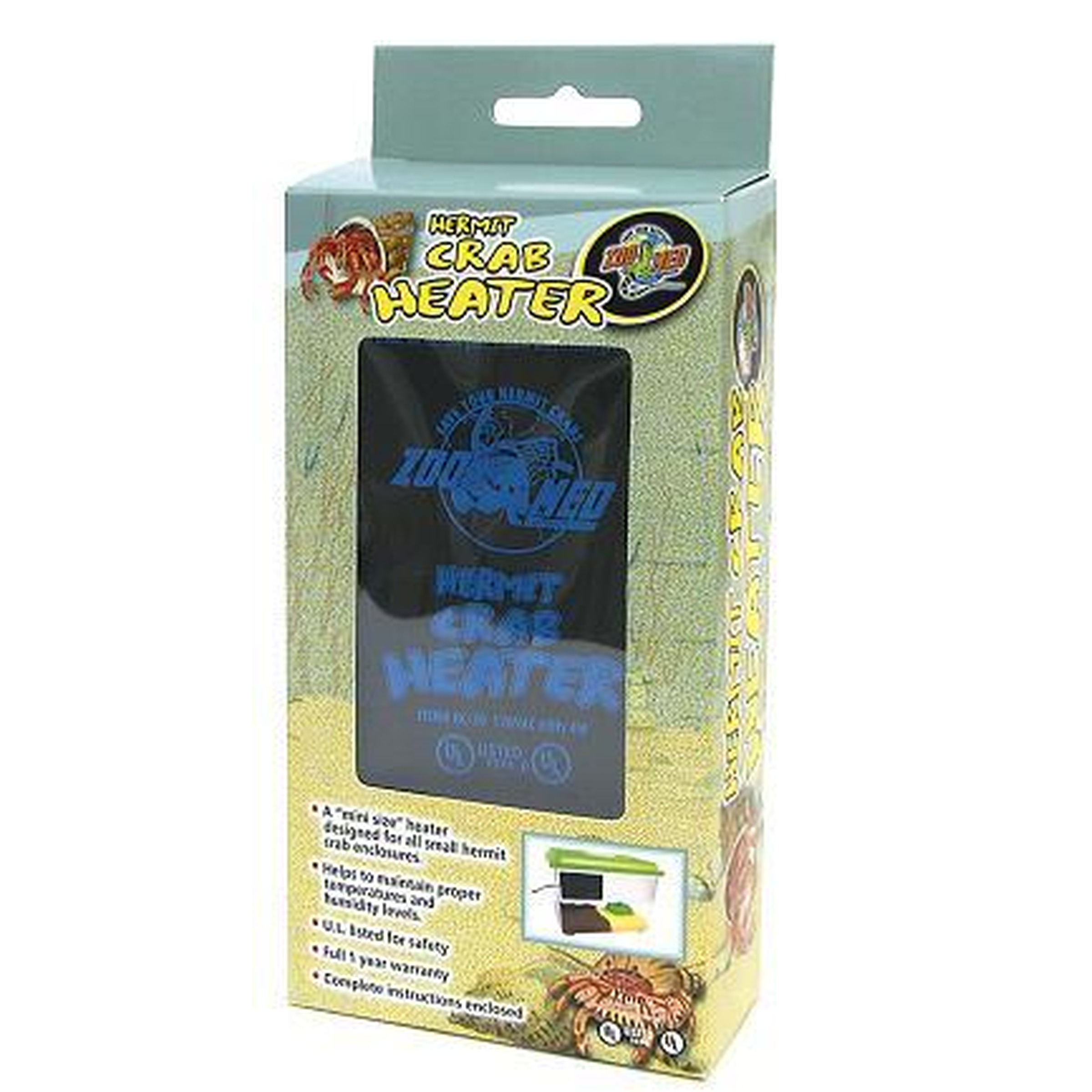 Hermit crab heater packaging featuring blue logo and product illustration on front.