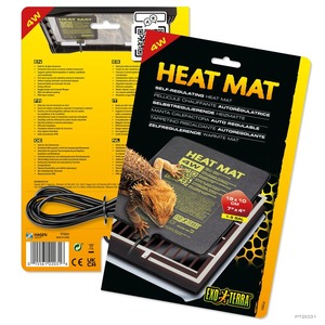 Overlapping heat mat packaging with a lizard, yellow and black design, shows 18x10 cm size.