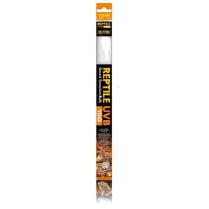 Reptile UVB lamp packaging with orange-black design and small bulb image.