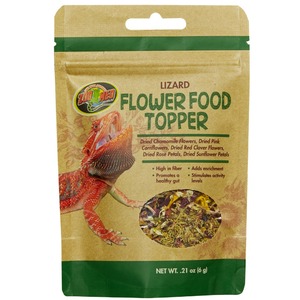 Beige packet labeled Lizard Flower Food Topper with a red lizard image and a window showing dried herbs.
