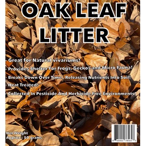 Pile of brown oak leaves with bold "OAK LEAF LITTER" text; lists uses for natural vivariums and animal habitats.