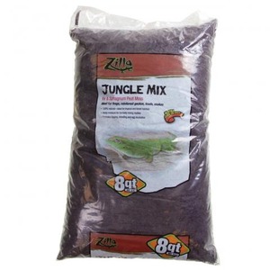 Large bag of Zilla Jungle Mix reptile food with 8 qt label.