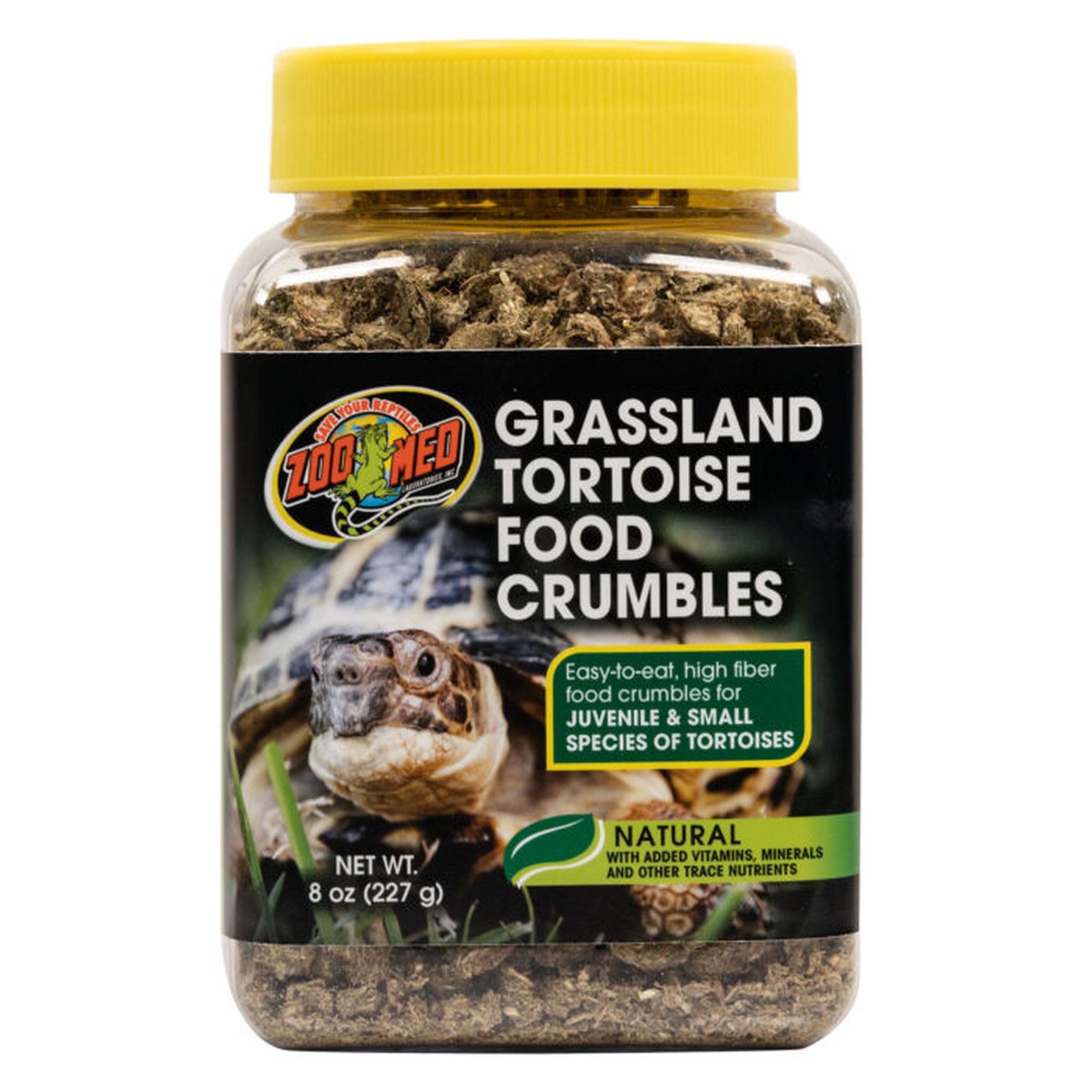 Jar of Grassland Tortoise Food Crumbles with a yellow lid; label features a tortoise and product name.