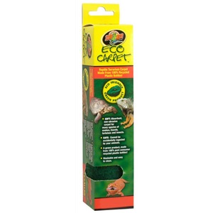Zoo Med Eco Carpet reptile terrarium carpet packaging; yellow box with lizards and eco-friendly, recycled-plastic bottle notes.