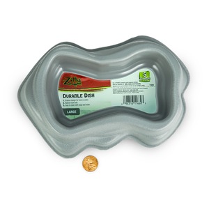Grey, wavy plastic dish with a Zilla Durable Dish label; penny placed nearby for scale.