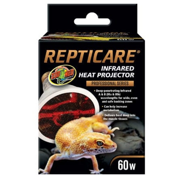 Repticare infrared heat projector box, 60W, featuring a gecko on the front.
