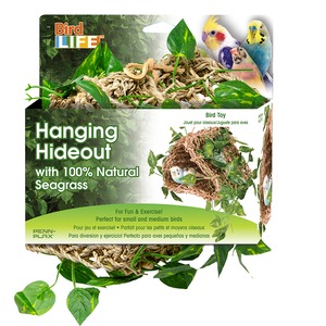 Hanging Hideout bird toy made of 100% natural seagrass, shown with green leaves and colorful birds.