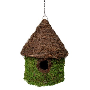 Hanging moss-covered birdhouse with a cone-shaped twig roof and round entrance.