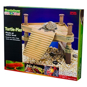 Packaged Turtle-Pier reptile playset with ramp and platform, turtle perched on ramp above pebbled base.