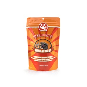 Pangea Gecko Diet with Apricot in an orange pouch featuring a cartoon gecko and fruit imagery.